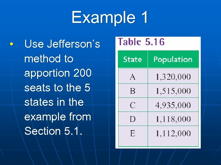 Example 1 • Use Jefferson’s method to apportion 200 seats to the 5 states