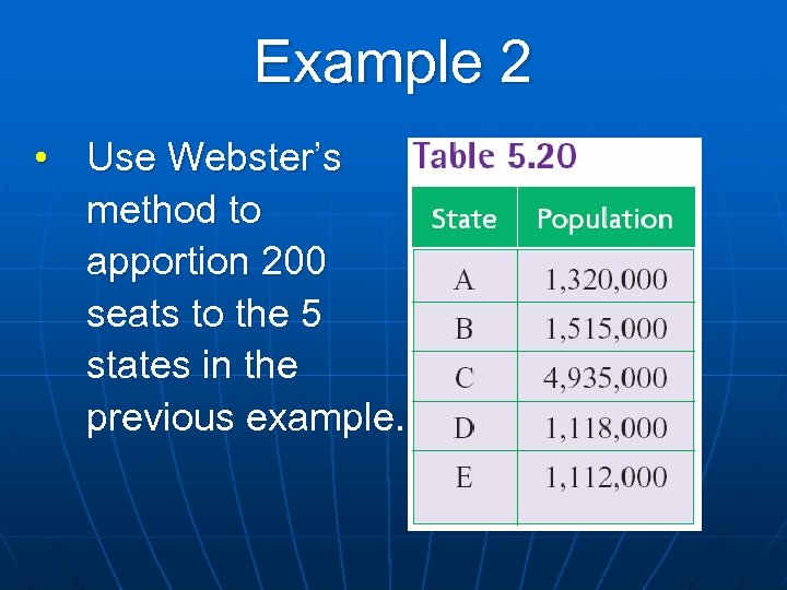 Example 2 • Use Webster’s method to apportion 200 seats to the 5 states