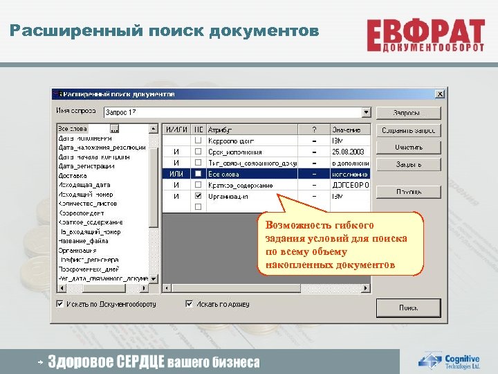 Расширенный поиск документов Возможность гибкого задания условий для поиска по всему объему накопленных документов