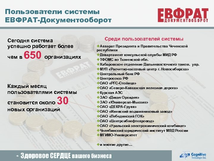 Пользователи системы ЕВФРАТ-Документооборот Сегодня система успешно работает более чем в 650 организациях Каждый месяц