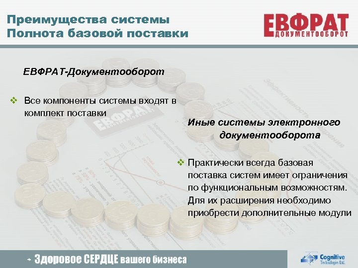 Преимущества системы Полнота базовой поставки ЕВФРАТ-Документооборот v Все компоненты системы входят в комплект поставки