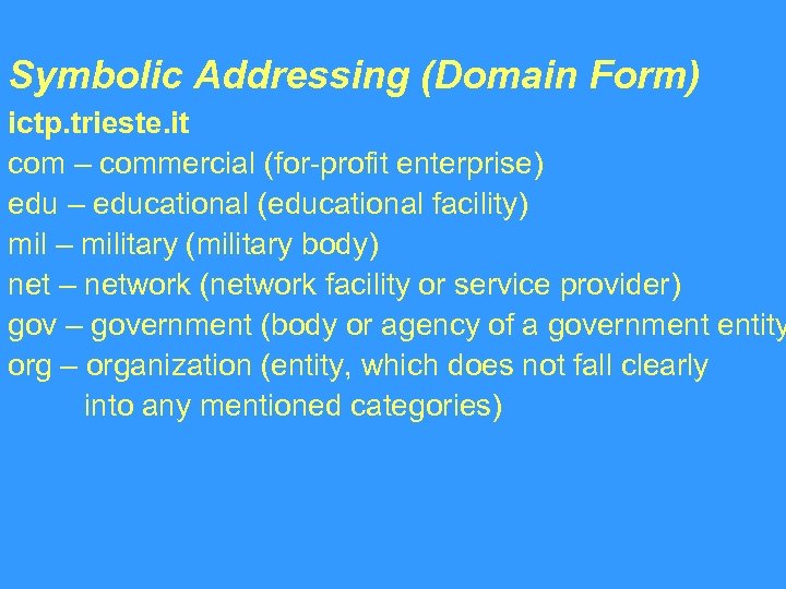 Symbolic Addressing (Domain Form) ictp. trieste. it com – commercial (for-profit enterprise) edu –