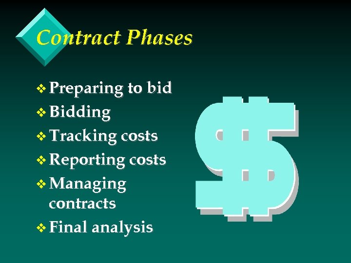 Contract Phases v Preparing to bid v Bidding v Tracking costs v Reporting costs