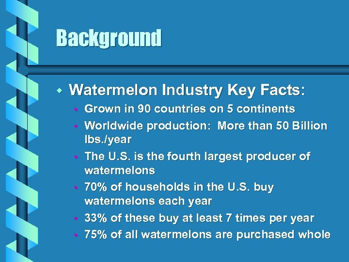 Background w Watermelon Industry Key Facts: w w w Grown in 90 countries on
