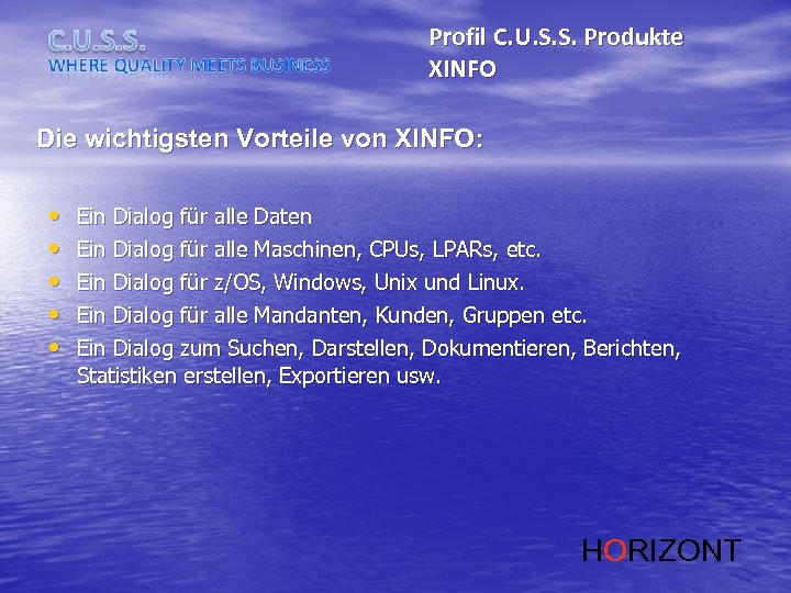 Profil C. U. S. S. Produkte XINFO Die wichtigsten Vorteile von XINFO: • •