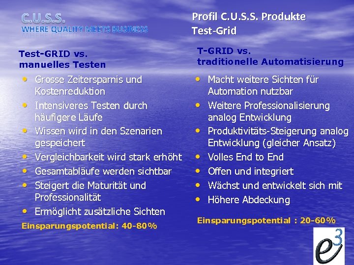 Profil C. U. S. S. Produkte Test-Grid Test-GRID vs. manuelles Testen T-GRID vs. traditionelle