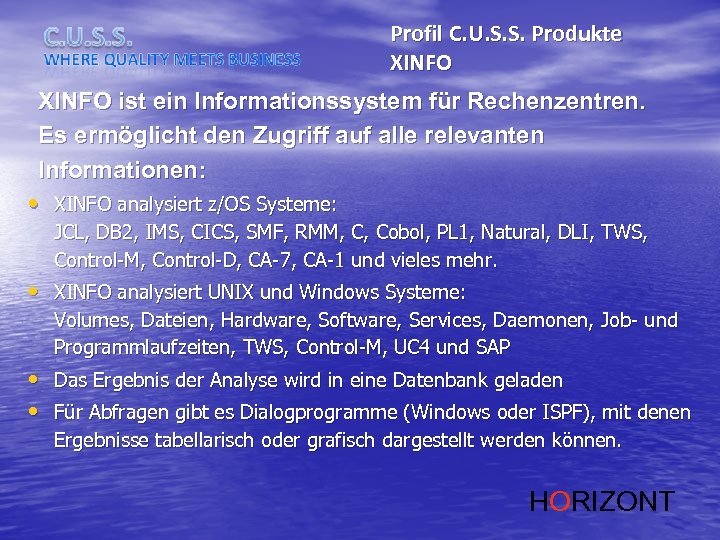 Profil C. U. S. S. Produkte XINFO ist ein Informationssystem für Rechenzentren. Es ermöglicht