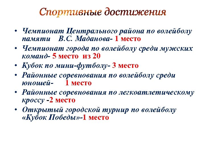 Спортивные достижения • Чемпионат Центрального района по волейболу памяти В. С. Маданова- 1 место