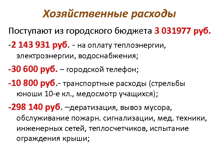 Хозяйственные расходы Поступают из городского бюджета 3 031977 руб. -2 143 931 руб. -