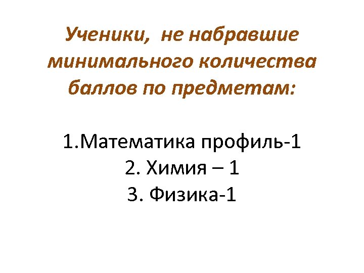 Ученики, не набравшие минимального количества баллов по предметам: 1. Математика профиль-1 2. Химия –