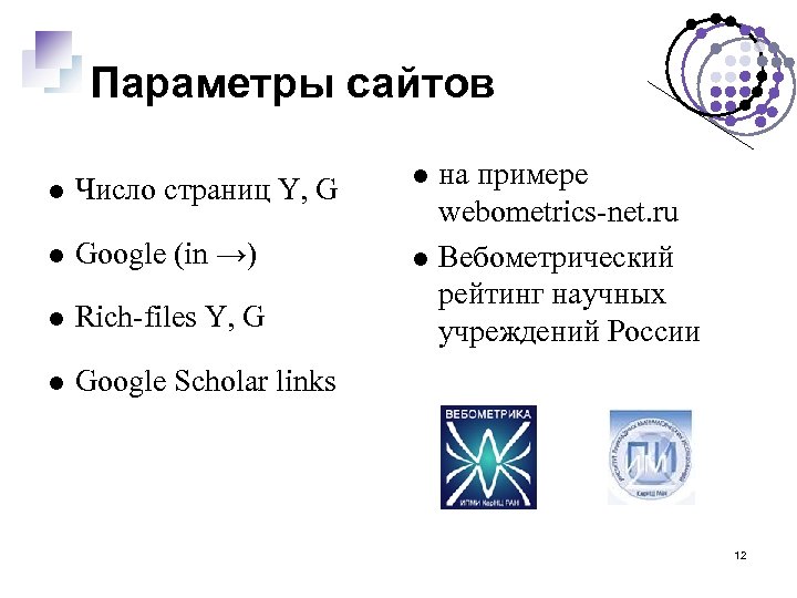 Параметры сайтов Число страниц Y, G Google (in →) Rich-files Y, G на примере