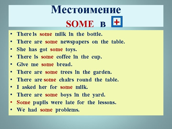 Местоимение SOME в + • • • There is some milk in the bottle.