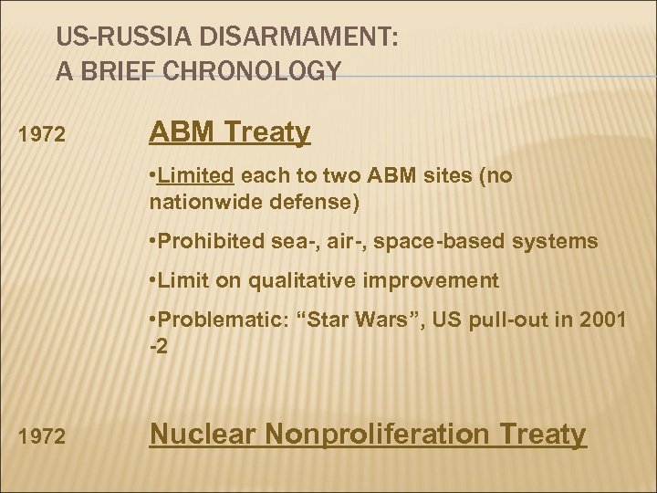 US-RUSSIA DISARMAMENT: A BRIEF CHRONOLOGY 1972 ABM Treaty • Limited each to two ABM