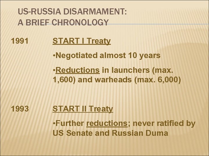 US-RUSSIA DISARMAMENT: A BRIEF CHRONOLOGY 1991 START I Treaty • Negotiated almost 10 years