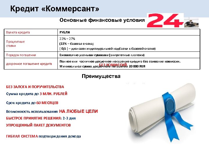 Кредит «Коммерсант» Основные финансовые условия Валюта кредита РУБЛИ Процентные ставки 22% – 27% (22%
