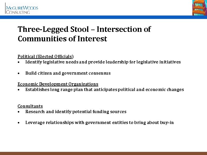 Three-Legged Stool – Intersection of Communities of Interest Political (Elected Officials) • Identify legislative