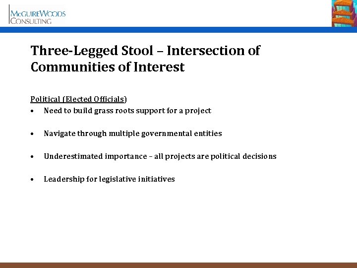 Three-Legged Stool – Intersection of Communities of Interest Political (Elected Officials) • Need to