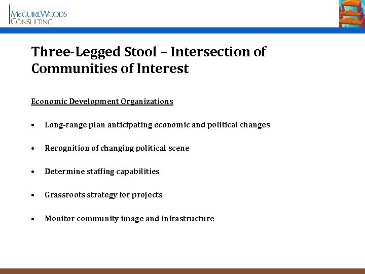 Three-Legged Stool – Intersection of Communities of Interest Economic Development Organizations • Long-range plan