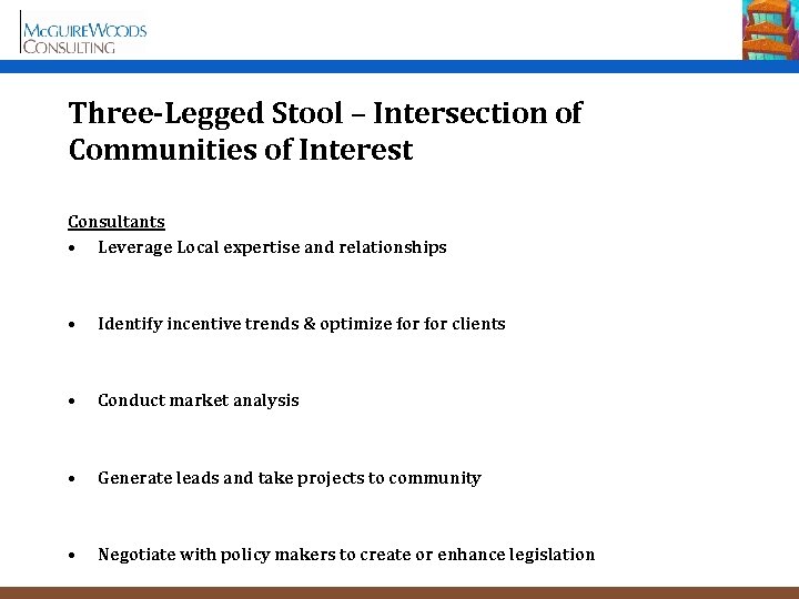 Three-Legged Stool – Intersection of Communities of Interest Consultants • Leverage Local expertise and