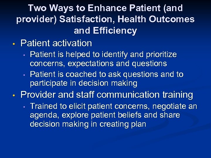 Two Ways to Enhance Patient (and provider) Satisfaction, Health Outcomes and Efficiency • Patient