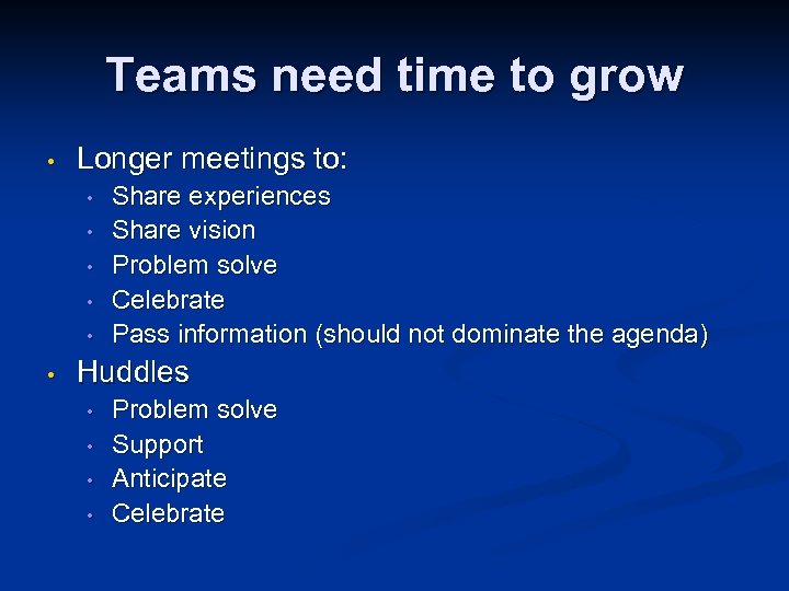 Teams need time to grow • Longer meetings to: • • • Share experiences