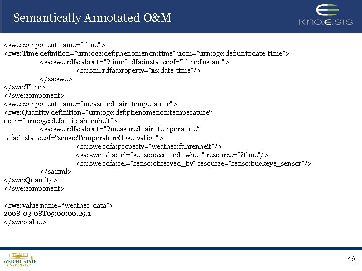 Semantically Annotated O&M <swe: component name="time"> <swe: Time definition="urn: ogc: def: phenomenon: time" uom="urn: