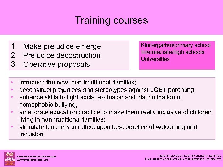 Training courses 1. Make prejudice emerge 2. Prejudice decostruction 3. Operative proposals Kindergarten/primary school