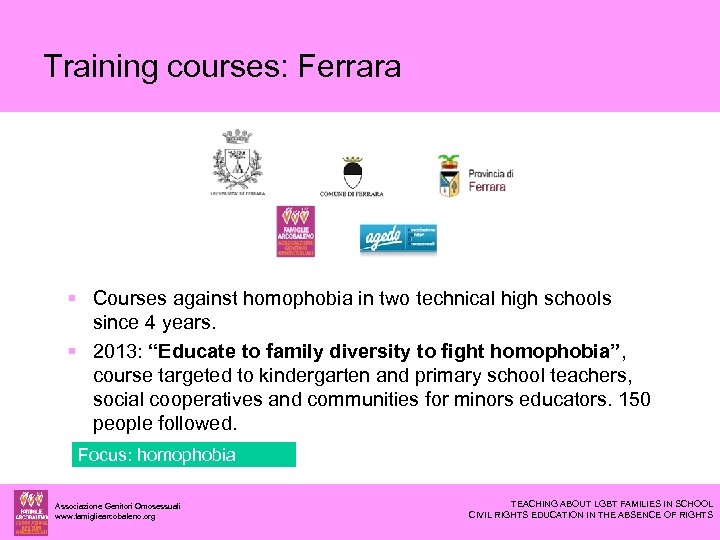 Training courses: Ferrara Courses against homophobia in two technical high schools since 4 years.