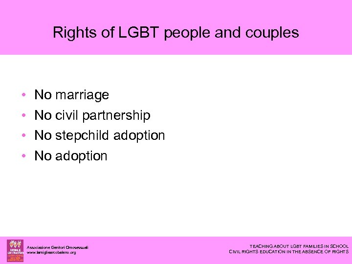 Rights of LGBT people and couples • • No marriage No civil partnership No