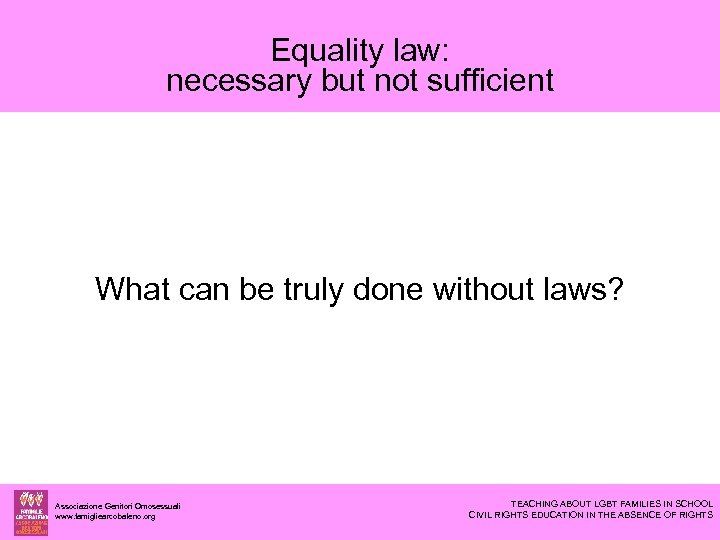 Equality law: necessary but not sufficient What can be truly done without laws? Associazione