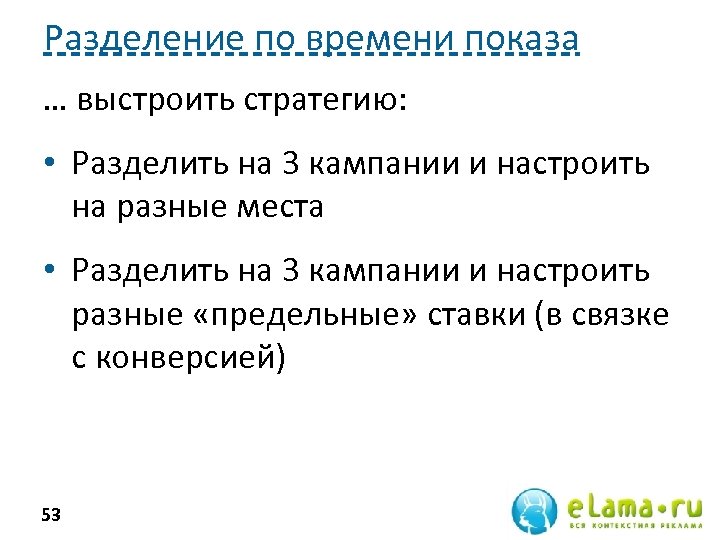 Разделение по времени показа … выстроить стратегию: • Разделить на 3 кампании и настроить
