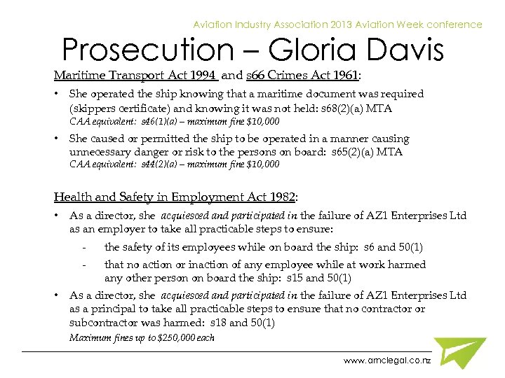 Aviation Industry Association 2013 Aviation Week conference Prosecution – Gloria Davis Maritime Transport Act