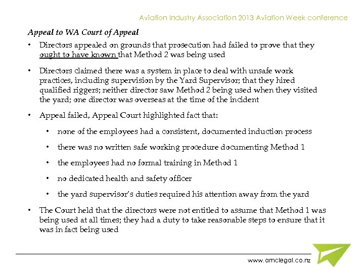 Aviation Industry Association 2013 Aviation Week conference Appeal to WA Court of Appeal •