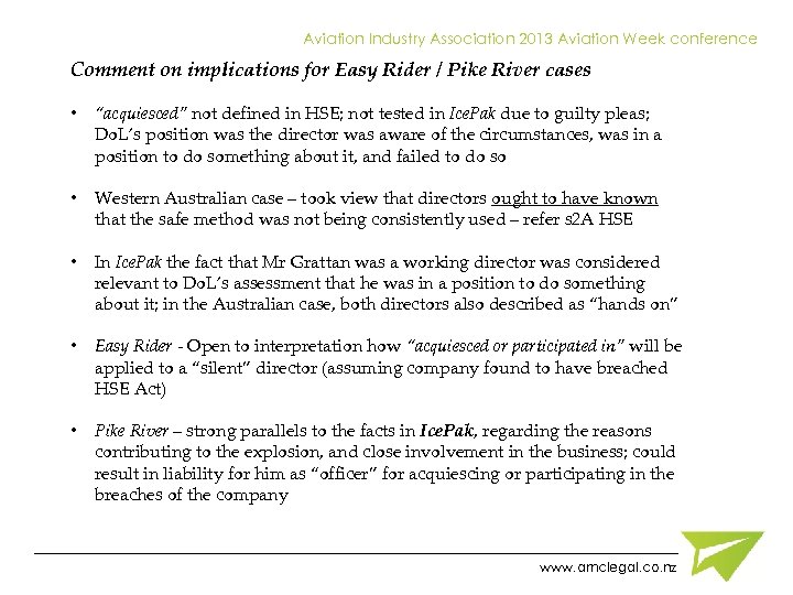 Aviation Industry Association 2013 Aviation Week conference Comment on implications for Easy Rider /