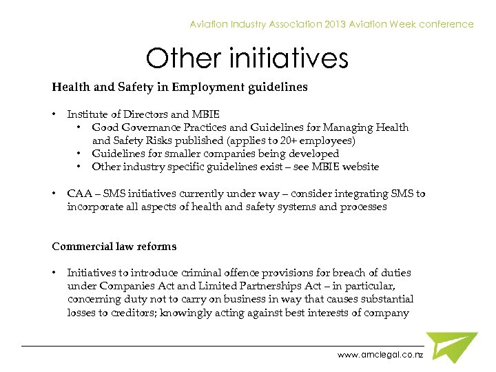 Aviation Industry Association 2013 Aviation Week conference Other initiatives Health and Safety in Employment