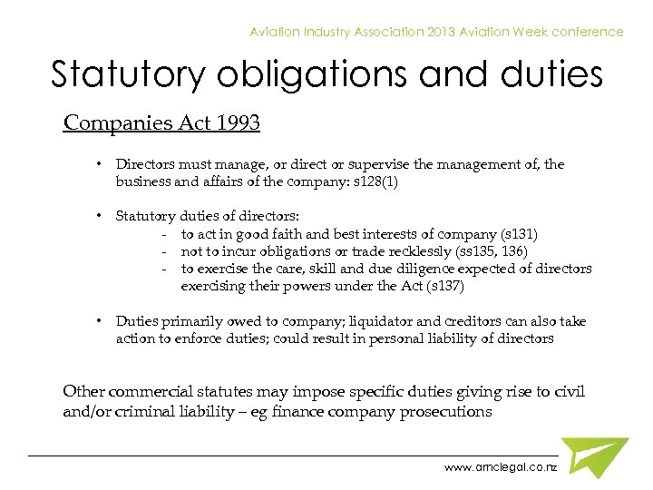 Aviation Industry Association 2013 Aviation Week conference Statutory obligations and duties Companies Act 1993