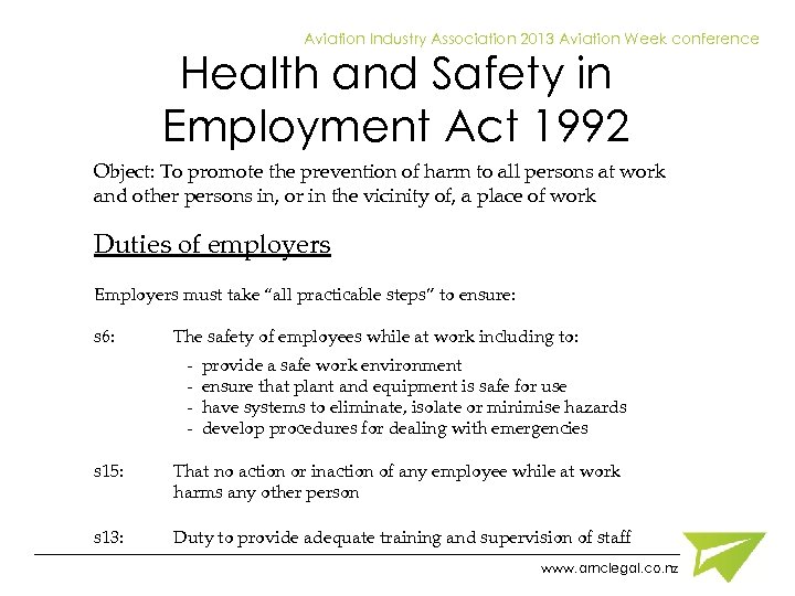 Aviation Industry Association 2013 Aviation Week conference Health and Safety in Employment Act 1992