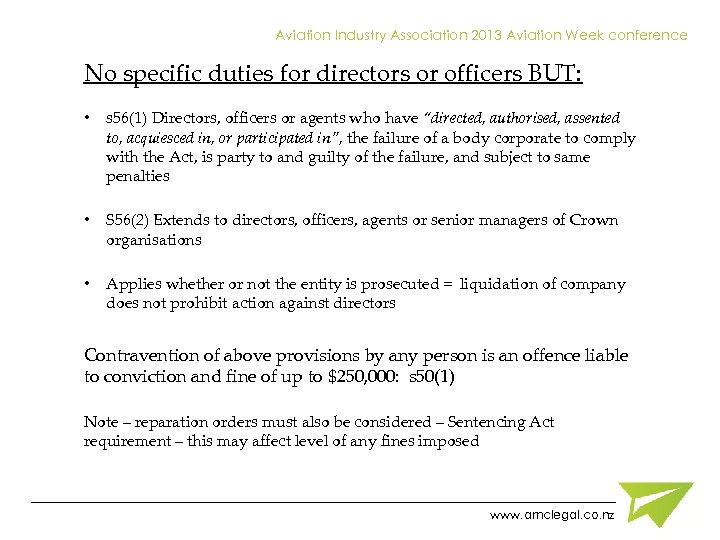 Aviation Industry Association 2013 Aviation Week conference No specific duties for directors or officers