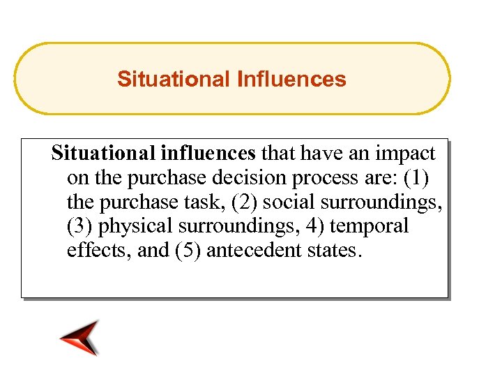 Situational Influences Situational influences that have an impact on the purchase decision process are: