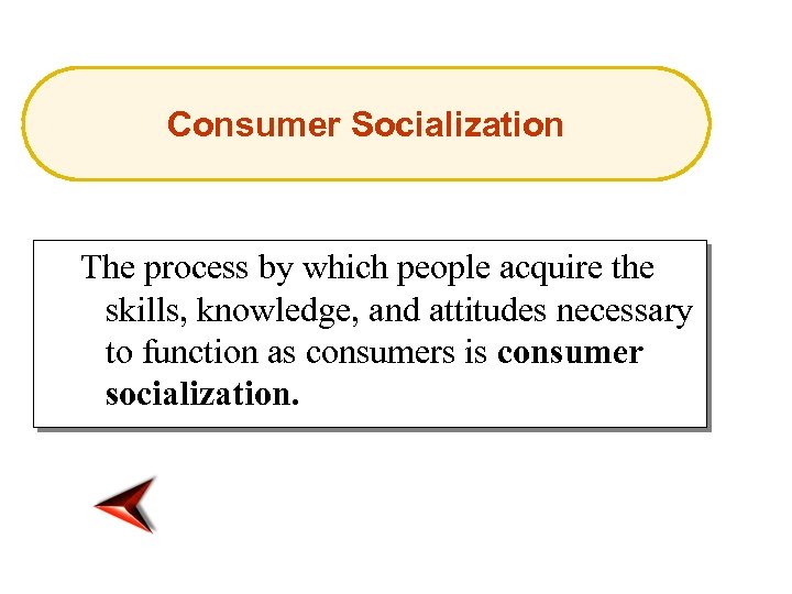 Consumer Socialization The process by which people acquire the skills, knowledge, and attitudes necessary