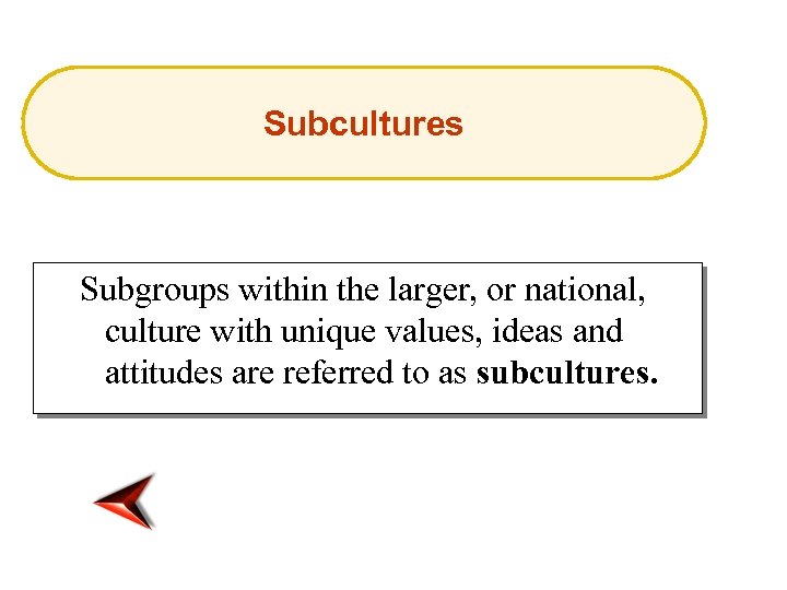 Subcultures Subgroups within the larger, or national, culture with unique values, ideas and attitudes