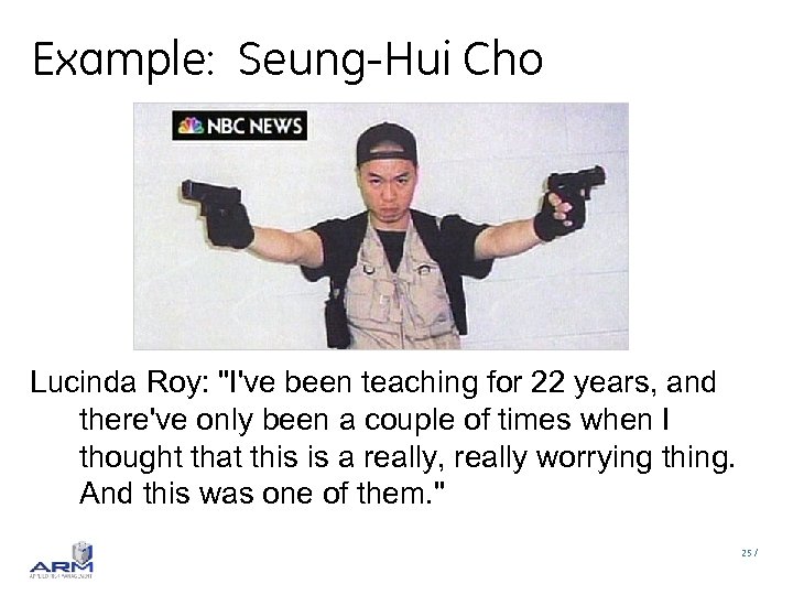 Example: Seung-Hui Cho Lucinda Roy: "I've been teaching for 22 years, and there've only