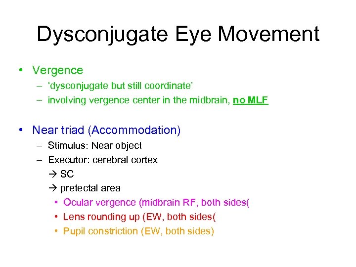 Dysconjugate Eye Movement • Vergence – ‘dysconjugate but still coordinate’ – involving vergence center