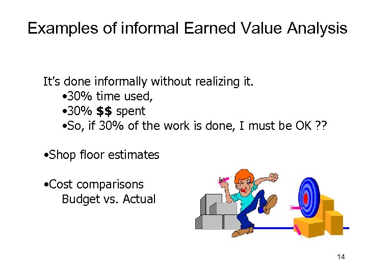 Examples of informal Earned Value Analysis It’s done informally without realizing it. • 30%