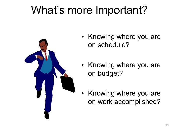 What’s more Important? • Knowing where you are on schedule? • Knowing where you