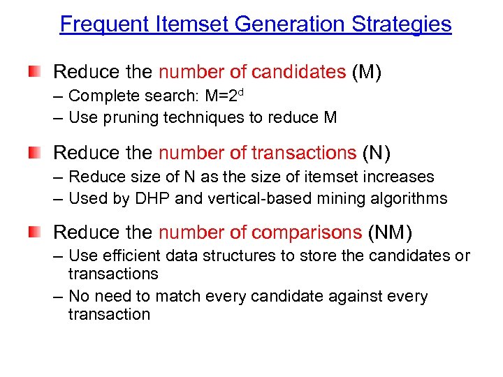 Frequent Itemset Generation Strategies Reduce the number of candidates (M) – Complete search: M=2