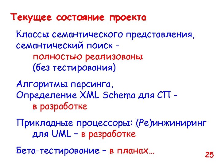 Текущее состояние проекта Классы семантического представления, семантический поиск полностью реализованы (без тестирования) Алгоритмы парсинга,