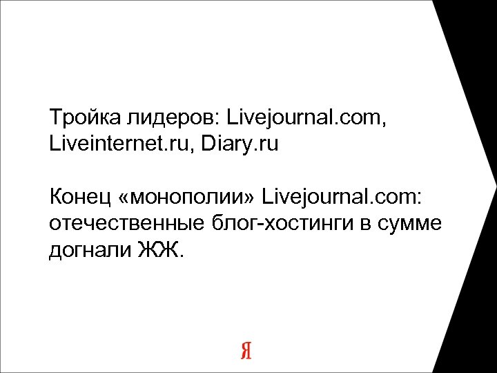 Тройка лидеров: Livejournal. com, Liveinternet. ru, Diary. ru Конец «монополии» Livejournal. com: отечественные блог-хостинги