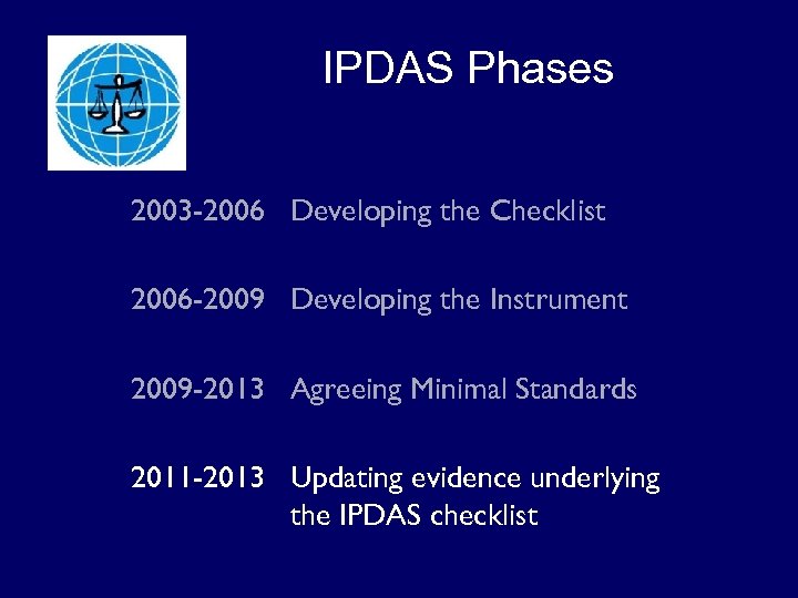 IPDAS Phases 2003 -2006 Developing the Checklist 2006 -2009 Developing the Instrument 2009 -2013
