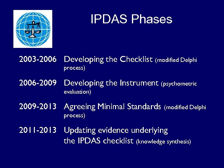 IPDAS Phases 2003 -2006 Developing the Checklist (modified Delphi process) 2006 -2009 Developing the